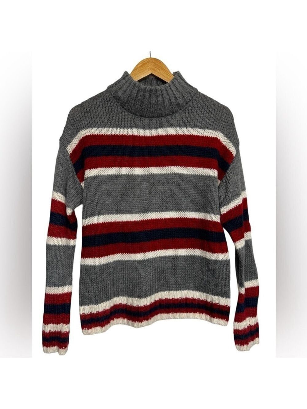 Kismet Striped Knit Mock Neck Sweater - Medium Red Grey Navy White Cozy